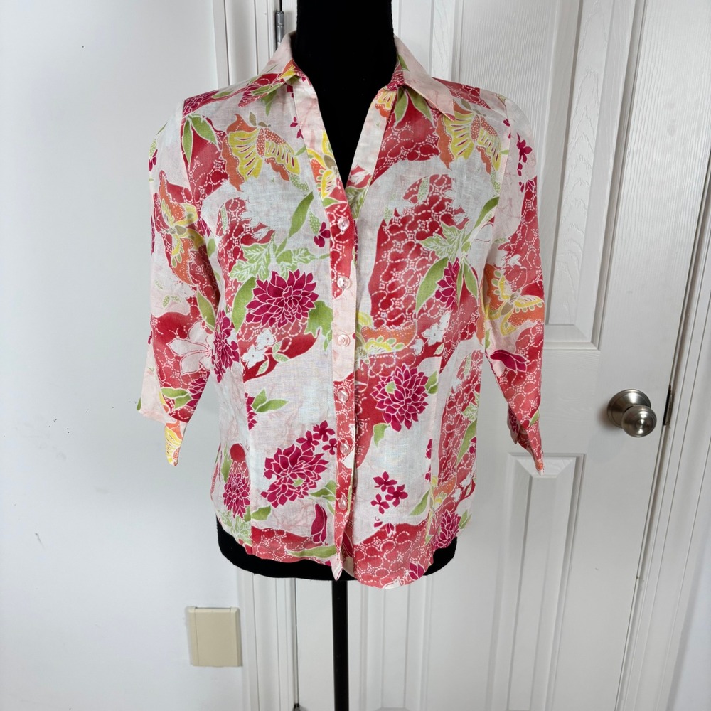 JM Collection Petite Pink Floral Linen Button Down Shirt 3/4 Sleeve‎ Size 4P